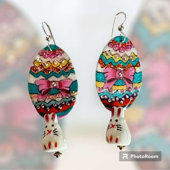 Handpainted w rhinestones Easter egg w ceramic bunny charm Sterling holiday OOAK - Picture 1 of 6